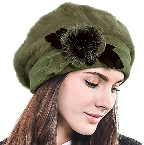 HISSHE Damen Barette Künstler Wolle Baskenmütze Angora Beanie Winter Mütze BR022 (Grün)