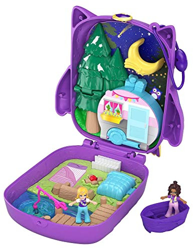 Polly Pocket GKJ47 - Nachteulen-Campingplatz Schatulle mit lustigen Überraschungen, den kleinen Puppen Polly und Shani, Boot und Stickerbogen; Spielzeug für Kinder ab 4 Jahren