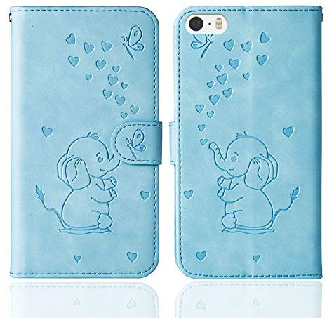 Tiyoo Embossed Love Heart Phone case for iphone 5/5s/5se Elephant Butterfly Pattern Folding Stand PU Leather Wallet Flip Cover Protective Case with Card Slots, Magnetic Closure (Blue)