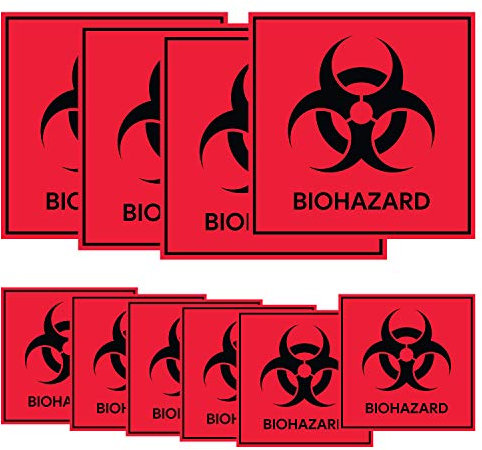 Aufkleber Biohazard Gefahr, Biohazard Symbol Schild, selbstklebend, Vinyl, Gefahr Warnzeichen, 10 x 10 cm, 5 x 5 cm, 120 Stück