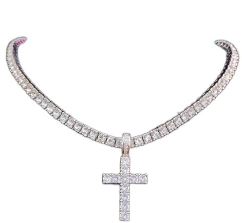 zxcs Männer Frauen Hip Hop Kreuz Anhänger Halskette mit 4mm Zirkon Tennis Kette Euro Out Bling Halsketten Hiphop Schmuck Mode Geschenk-Silver Tennis Chain,16inch(40cm)