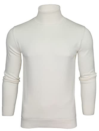 Xact Men's Pure Cotton Roll Neck Jumper - Fold-Over Polo Neck Knit, Lightweight 12-Gauge Slim Fit Winter Sweater (Winter White) L