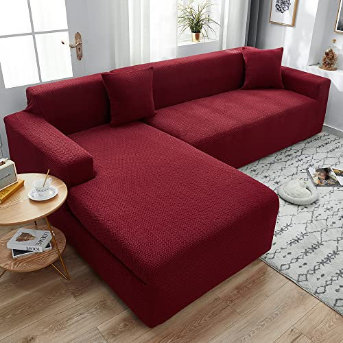 ABUKJM Couchbezug eckcouch, Stretch Universal Jacquard Samt Couch überzug l Form, Weicher und bequemer sofabezug für Wohnzimmer Sofa, Geeignet für die meisten Sofas,Red Wine,4 Seater 235-300cm