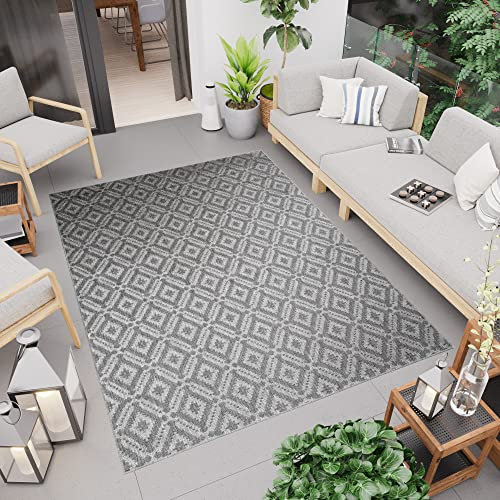 TAPISO Capri Alfombra Exterior Interior Salón Habitación Cocina Terazza Dormitorio Balcón Diseño Moderno Gris Mosaico Resistente Alfombra de Pelo Corto 80 x 150 cm