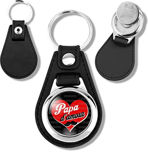 Badgmania Porte Clés Cuir Vegan Jeton de Caddie Papa d'Amour - Cœur Rouge - Idée Cadeau Anniversaire Fêtes des Pères