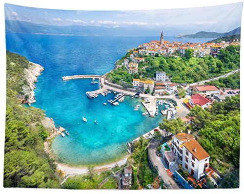 CORFOTO 180x120CM Strand Wandteppich Kroatien Insel Stadt Foto Ozean Strand Landschaft Wandteppich Wandkunst Schlafzimmer Wohnzimmer College Dorm Home Decor Hängende Wandkunst