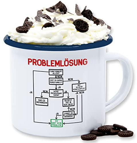Emaille Blechtasse - Statement - Tasse Problemlösung I Bürotassen I Tasse mit Spruch Lustig Arbeit Sprüche I Witzig Tasse Arbeitskollege I Job I Büro - 300 ml - Weiß Blau