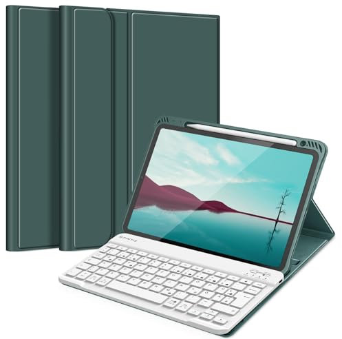 FINTIE Tastatur Hülle für iPad Air 11 Zoll M2, iPad Air 6/5/4 (2024/2022/2020) 10,9 Zoll, TPU Rückschale Schutzhülle mit Stifthalter, magnetisch Abnehmbarer Keyboard (QWERTZ Layout), Nachtgrün