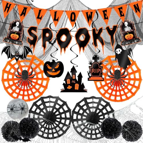 YBwanli halloween deko innen set gruselig,halloween party deko kinder,enthalten:halloween girlande,Spooky banner,schwarzer dekostoff,Halloween-Hängedekoration,Spinnenpapierfächer,Pompons,Spinnenseide