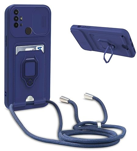 YFSYLL Handykette Schutzhülle kompatibel mit Motorola Moto G30 / G20 / G10 Handyhülle mit Band,Silikon Handyhülle Case mit Schiebe Kameraschutz,360 Grad Ringhalter Stand,Kartenfach,Blau