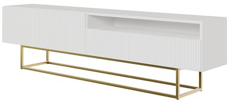 Selsey TV Schrank Board Sideboard Fernsehtisch Fernsehschrank 175 cm Goldene Beine Mit Offenem Fach Gefräste Front Weiß Veldio