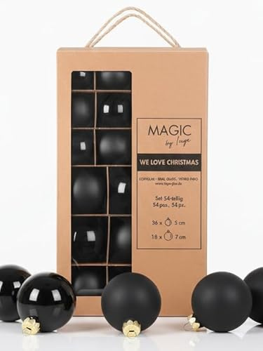 Inge Glas Weihnachtskugeln | Große Kugelbox mit 54 Kugeln | 5cm & 7cm große Christbaumkugeln (Ebony Black | schwarz)
