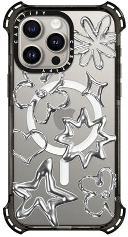CASETiFY Bounce Case for iPhone 15 Pro Max [6X Military Grade Drop Tested / 21.3ft Drop Protection/Compatible with Magsafe] - Chrome Doodles - Clear Black