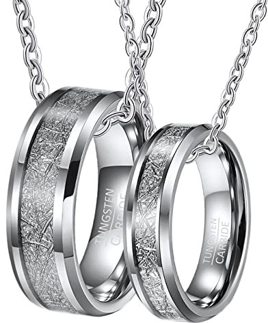 Partner Pärchen Halskette, Wolfram Halskette mit Gravur 8mm 6mm Silber Ring Eingelegt Metalllinie Paar Anhänger Damen 57 + Herren 54