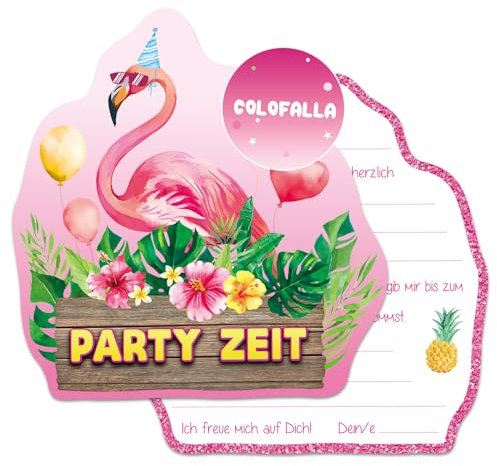 COLOFALLA 12pcs Einladungskarten Einladungen zum Kinder Geburtstag Party für Mädchen Jungen Witzige Einladungskarten Party Rosa Flamingo Motiv Partyeinladungen zur Geburtstagsfeier