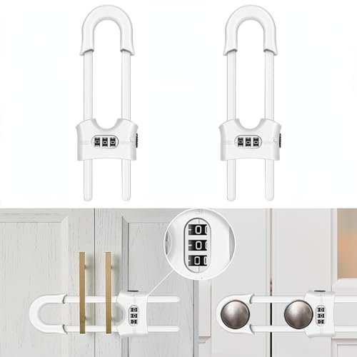 Reusable Cupboard Locks 2 Pack, Child Safety Sliding Cabinet Lock, U Shape Adjustable 3 Digit Password Combination Locks for Kitchen Cabinets and Cupboards, Install Without Drilling or Adhesive(White)