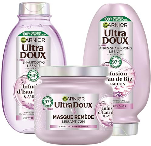 Garnier Ultra Doux - Coffret Routine Lissante Douceur & Brillance - À l’Infusion d’Eau de Riz - Pour les Cheveux Rebelles et Indisciplinés - Shampooing, Après-Shampooing & Masque