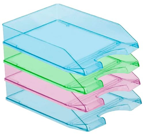 ACAN Tradineur - Pack de 4 bandejas de Oficina apilables, plástico Transparente, Organizador Documentos A4, revistas, folletos, Escritorio, Fabricado en España (Color Surtido - 35 x 26 x 6,5 cm)