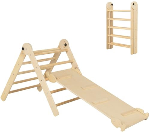 Maxmass 4-in-1 Kids Climbing Frame, Foldable Toddlers Climbing Toy Set with Double-side Ramp, Indoor Wooden Montessori Triangle Climber Children Play Gym Set for 3+ Years Old (Natural)