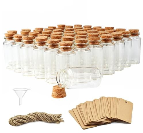 25ml Mini Glass Bottles Jars with Wood Cork Stoppers, Small Glass Bottles Clear Vials Glass Favor Jars with Tags and Strings, Wedding Favors DIY Crafts Baby Shower Birthday Halloween Decor (16)