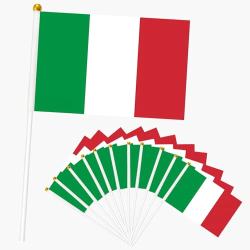 10 piccole bandiere italiane su bastoncini e 2 tatuaggi temporanei per feste di calcio Oly 2024, mini bandiere italiane su bastoncini, bandiere tenute in mano per eventi sportivi, celebrazioni,