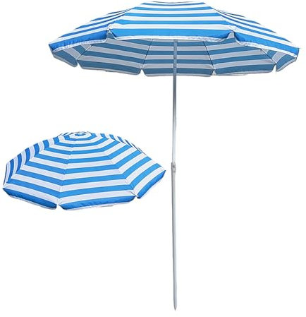 Aqkgtj Sombrilla de playa a rayas azules 160 × 235 cm, pequeña sombrilla de jardín portátil, altura ajustable, protección UV para piscina, playa, camping