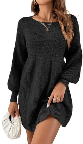 Saodimallsu Damen Rundhals Strickkleid Puffärmel A-Linie | Hoch tailliert,Strickpullover,Elegant,Minikleid,Figur schmeichelnd,Party,Alltag