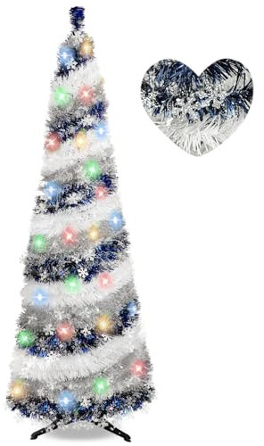 5FT Pop Up Christmas Tree with 90 Colorful LED Lights, Tinsel Christmas Tree Collapsible Pencil Christmas Tree for Indoor Home Holiday Christmas Party Decorations(White Sliver)