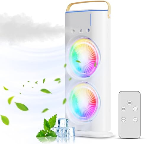 Hanzete - Ventilatore a torre a doppia testa con nebulizzatore di controllo, regolabile a 180°, girevole a 90°, ricaricabile, con 3 velocità del vento, luce ambientale colorata, maniglia portatile,