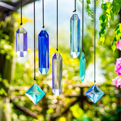 HDCRYSTALGIFTS Kristallprismen Sonnenfänger zum Aufhängen, 7 Stück, blaue Träume, Sonnenfänger, Regenbogenmacher, Sonnenfänger, Innenfenster, Haus, Garten, Weihnachtsbaumdekoration