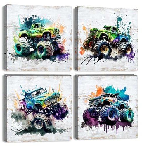 Monster-Truck-Leinwandkunst für Jungenzimmer, Vintage-Auto-Poster für Jungen, Schlafzimmer, Kinderspielzimmer, Aquarell, Fahrzeug, Wanddekoration, Herren, Kinderzimmer, Gemälde, Garage, Wohnzimmer,