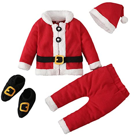 Weihnachtskostüme Kleinkind Baby, 4-teiliges Kleinkind Santa Claus Outfit Weihnachtsoberteil + Hose + Hut + Stiefel für kleine Mädchen Jungen Cosplay Fotografie Requisiten Geschenk Weiche Babyset