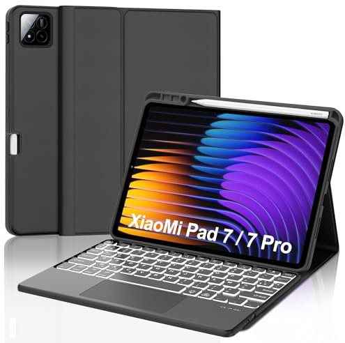 WAVATA Clavier pour Xiaomi Pad 7/7 Pro 2024 11.2 avec Pavé Tactile, Étui Clavier pour Xiaomi Pad 7 2024 Rétroéclairé Magnétique Amovible Bluetooth Français AZERTY Layout, Noir