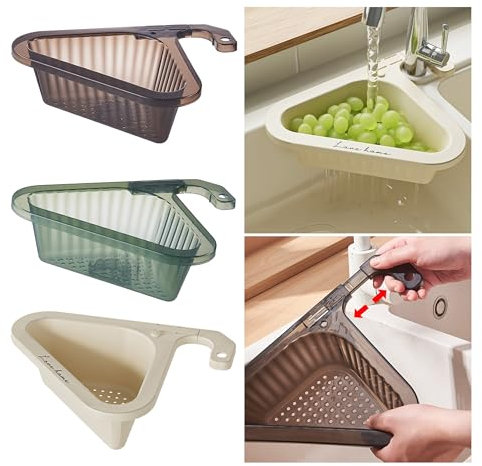 3 Pack Sink Colander Strainer Basket with Retractable Handle, Hanging Filter Draining Rack, Kitchen Sink Punch-Free Triangle Corner Strainer Basket for Vegetable Fruit Clean(Black, White, Green)