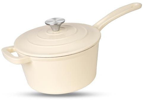 Enameled Cast Iron Sauce Pan, 2 Quarts Round Sauce Pot with Lid, Mini Dutch Oven Enamel Saucepan for Cooking Pasta Sauce, Marinate, Cook, Refrigerate and Serve, Cream White