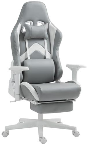 HOMCOM Silla Gaming Silla Gamer Reclinable con Altura Ajustable Reposapiés Retráctil Soporte Lumbar y Reposacabezas Desmontable Silla para Oficina Estudio Gris Claro y Blanco