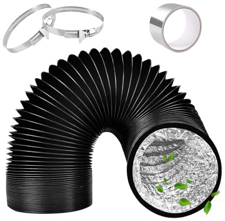 100mm Tumble Dryer Vent Hose 4.2m Long PVC Aluminium Flexible Ducting Hose with 2 Clamps,1 Volume Tape Black Air Ducting Vent for Air Conditioner, HVAC Ventilation, Cooker Hood, Extractor Fan