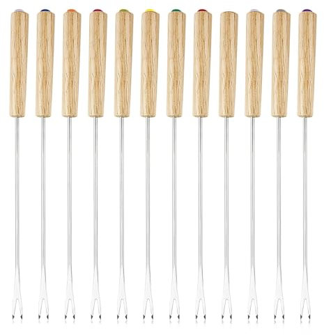 12 Stück Fondue Gabeln Set 24 cm, Edelstahl Fonduegabeln mit Holzgriff, Bunt Fleischfonduegabel, Grillgabel Fondue für Käsefondue, Schokoladenfondue, Fleischfondue, Grillgabeln und Fondue Spieße