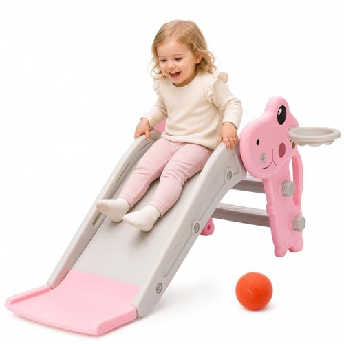 Toddler Slide Indoor, Baby Slide with Basketball Hoop and Ball, Pink | FreeStanding Toddler First Slide Playset for Girls, Rounded Edges, Safe, Space-saving