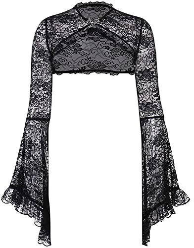 Gothic Crop Tops Woman Y2K Fishnet Long Flare Sleeve Lace Short Shirt Harajuku Vintage Fairy Grunge Tops