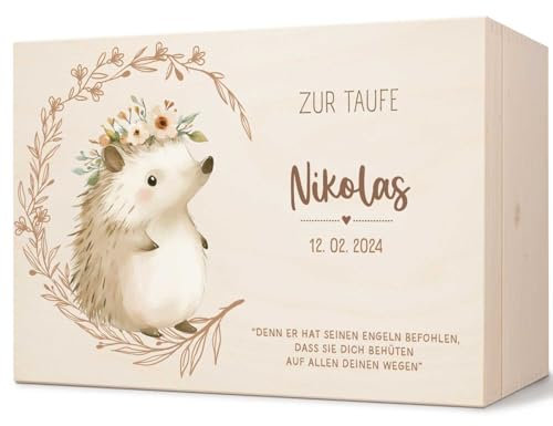 GRAVURZEILE Bedruckte Erinnerungskiste - Tiere Taufe - Personalisiert mit Name & Datum - Erinnerungsbox für Mädchen & Jungen - Geschenk zur Kommunion, Konfirmation & Taufe - Farbe: Igel