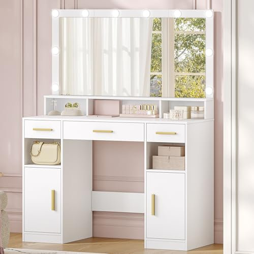 HEXCELEN Dressing Table with Large Mirror, Vanity Desk with Mirror LED, 3 Light Colors, Makeup Desk, 3 Drawers, 2 Storage Cabinets, 5 Open Compartments, 40 × 108 × 140 cm, for Bedroom, White
