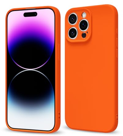 Svaove for iPhone 14 Pro Max Phone Case Liquid Silicone, Thin Ultra Slim Minimalist Phone Cover, Girly Cute Plain Bright Solid Color Matte Soft Rubber Jelly Gel Plastic TPU Bumper, Neon Orange