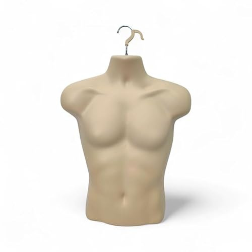 Matt Skin-Male Hanging Mannequin Torso – Hard Plastic 3/4 Body Form with Hook – Hollow Back Display Bust for Tops, Shirts, Accessories
