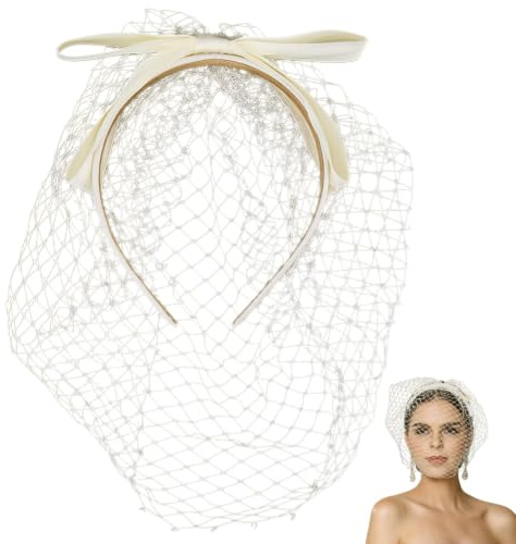 CABODYALS Cremefarben Netzschleier Stirnband Mit Haarspange Vintage Gazestoff Elegante Schleife 1920er Set Flapper Fascinator Kopfschmuck Tüll Stirnbänder Für Frauen Braut Hochzeit Cosplay Halloween