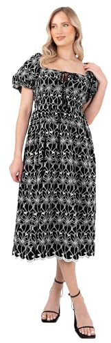 Lovedrobe Women's Midi Dress Ladies Short Puff Sleeve Square Neck Broderie Anglaise Milkmaid Peasant Tiered Scalloped Hem Boho Bow, Black 8
