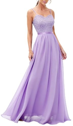 DRESSTELLS Lace Chiffon Wedding Dresses for Women UK, Spaghetti Strap Maxi Elegant Bridesmaid Evening Ladies Dress