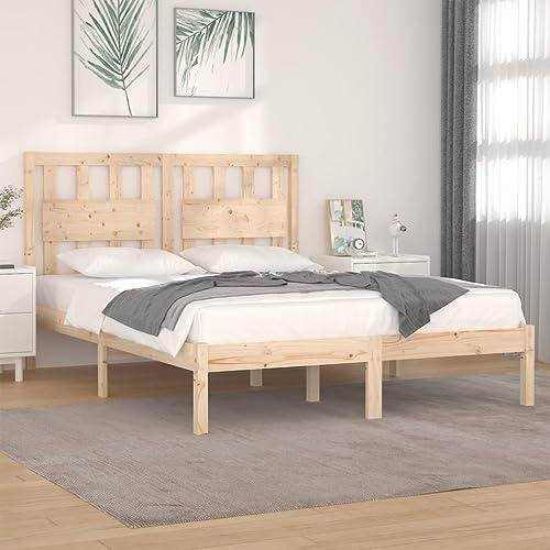 QJBSAVVA Massivholzbett Kiefer 160x200 cm, rustikaler Bettrahmen mit hohem Kopfteil, unbehandeltes Holz, Robustes Doppelbett für Schlafzimmer Jugendzimmer Gästezimmer