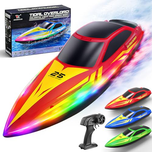 Ferngesteuertes Boot mit LED Beleuchtung,7 Lichtmodi,2.4 GHz RC Boot mit bis zu 15 km/h,Auto-Flip & Sicherheitswarnung,2 Akkus,für Pool und See als Wasserspielzeug,Geschenk für Jungen und Mädchen.—Rot
