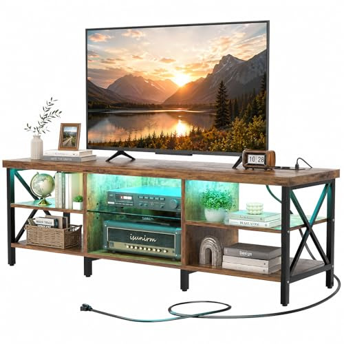 iSunirm Mobile TV 160 cm Marrone Vintage con LED RGB e Stazione di Ricarica – Porta TV fino a 75 Pollici – Mobile TV Industriale Legno e Metallo per Soggiorno e Camera